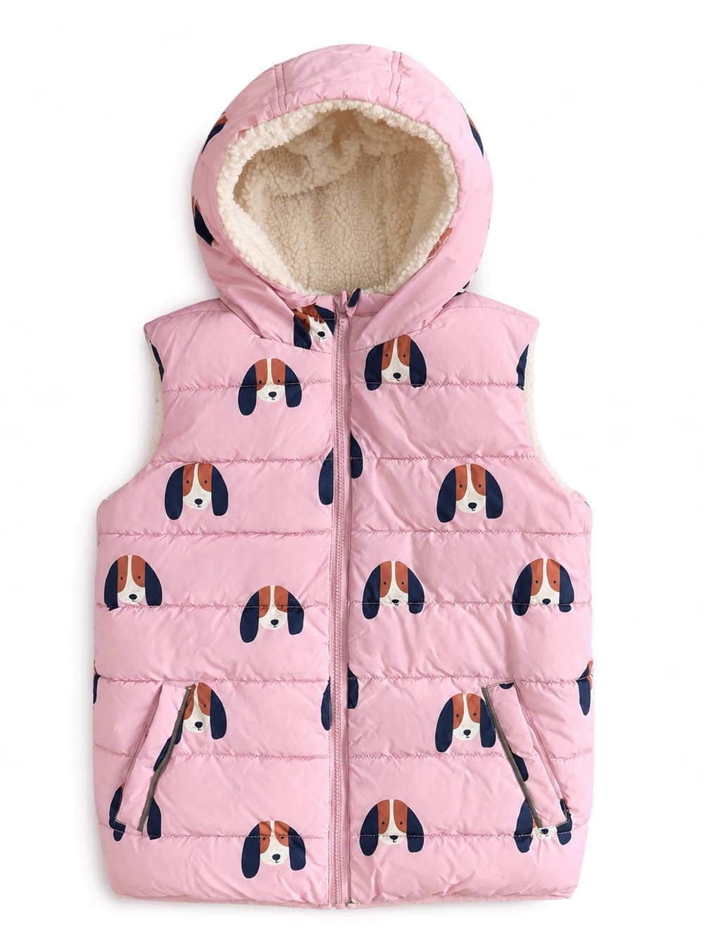 Mini Boden Reversible Sherpa Puffer Vest Pink Ivory Dog Print Girls Size 10-11Y